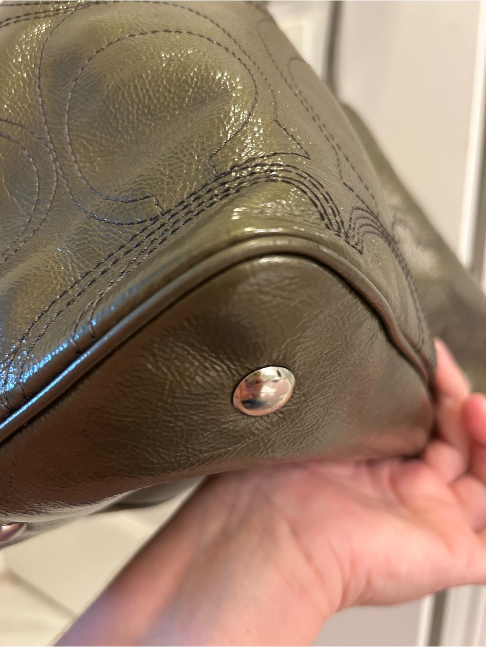 Coach Signature C Stitch Patent Leather Kisslock Satchel Tote Metallic Olive - Picture 7 of 16